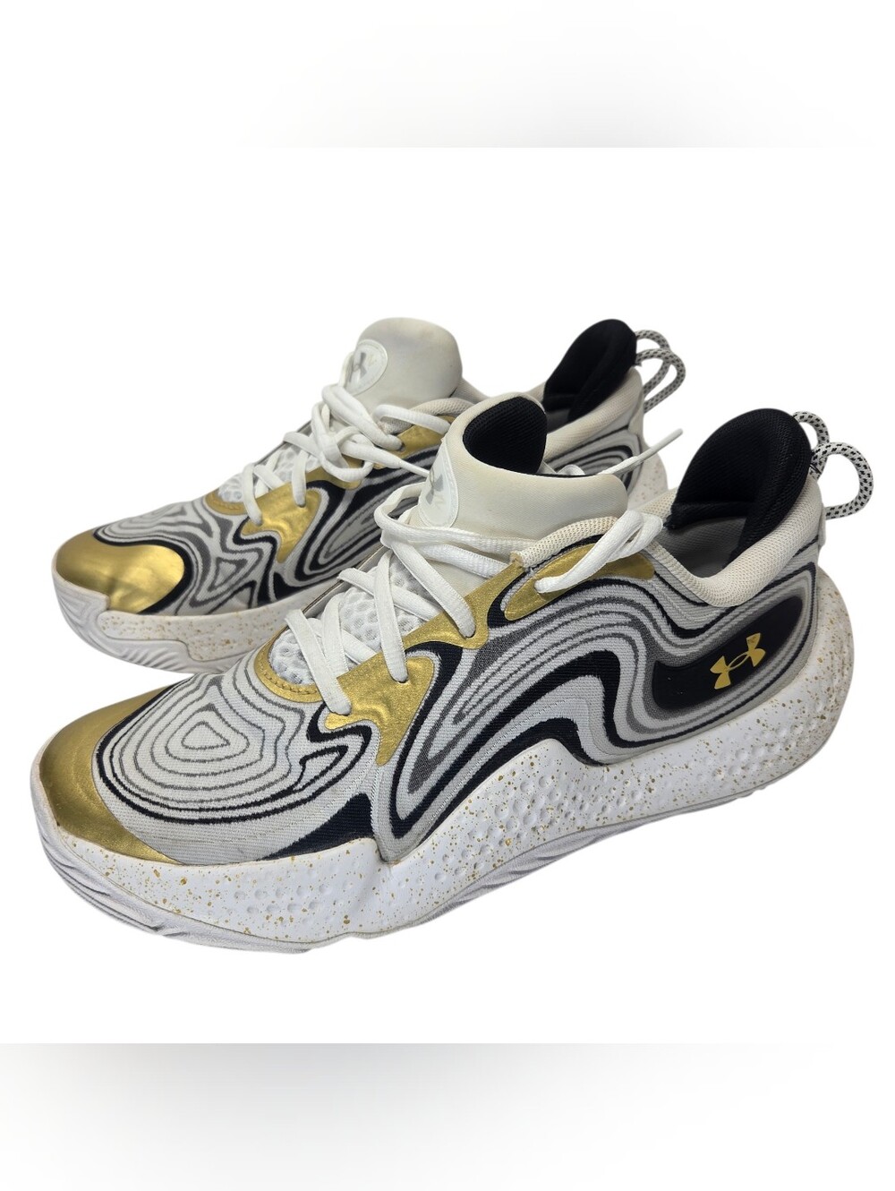 Under Armour Men's White Black and Gold Athletic Sneakers.Size M 9 /W 10.5